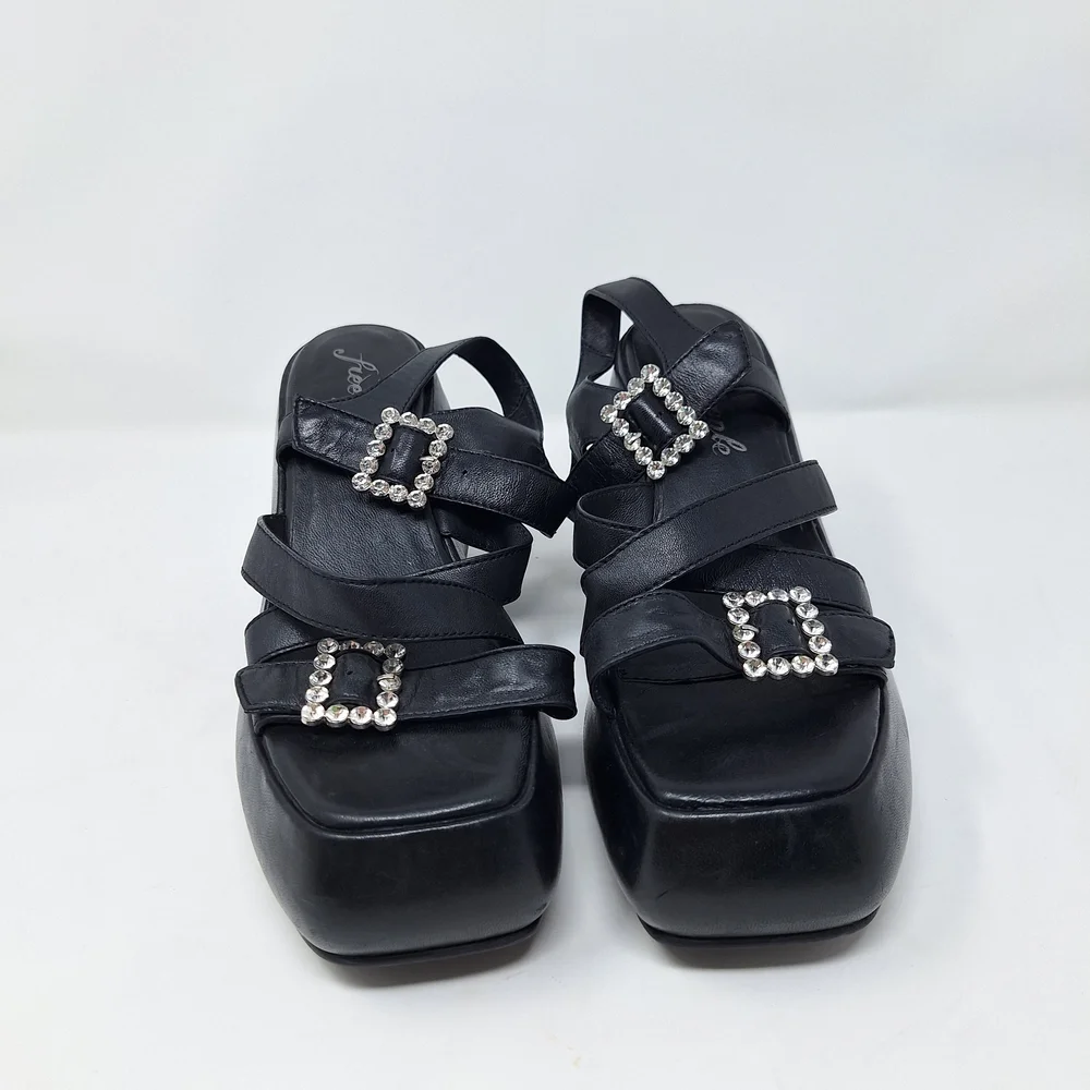 Free People Black Platform Sandals with Rhinestone Buckles Brooklyn